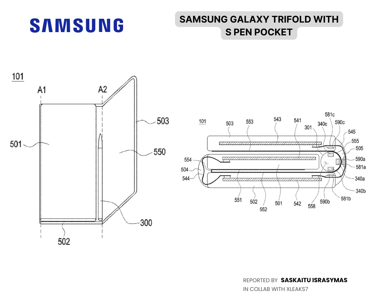 Drawings of Samsung Galaxy Trifold with S Pen support
